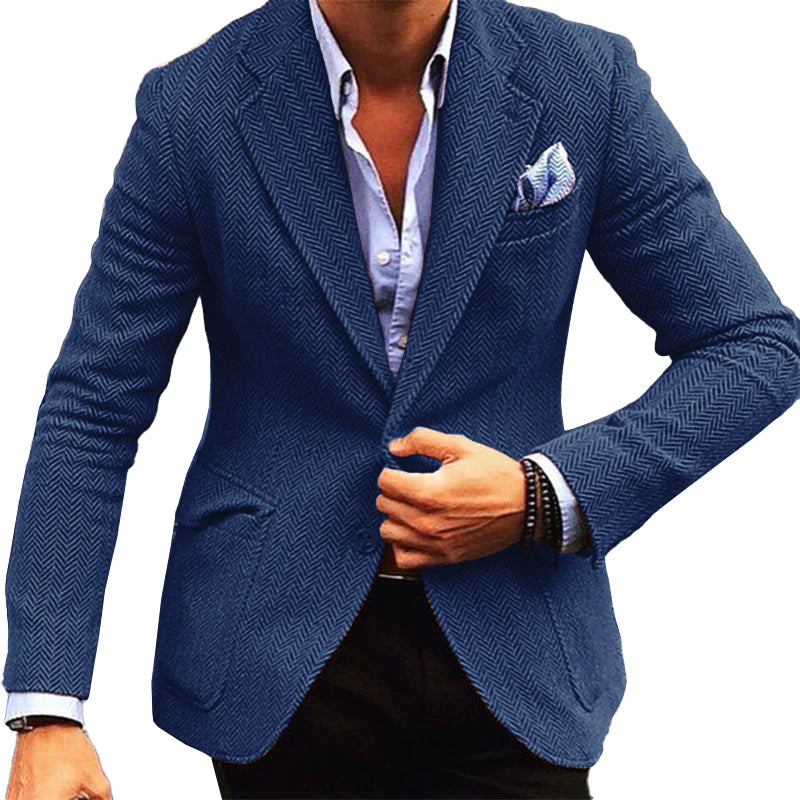 Blazer da Uomo Vintage in Mistura di Lana a Spina di Pesce con Revers e Unico Petto