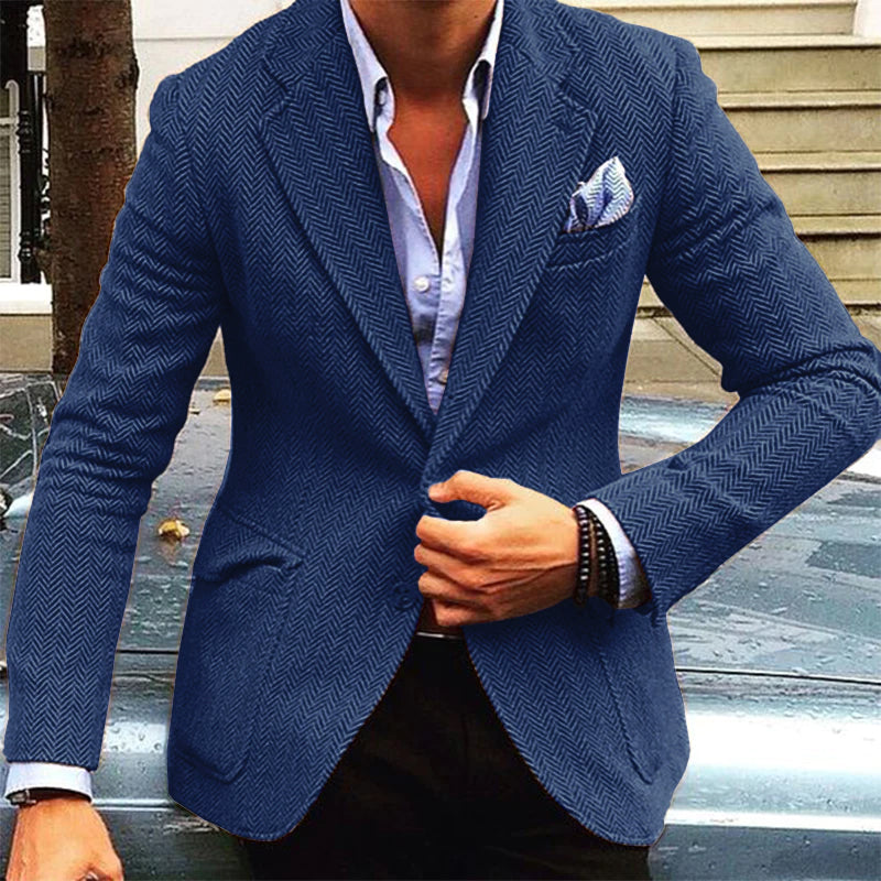 Blazer da Uomo Vintage in Mistura di Lana a Spina di Pesce con Revers e Unico Petto