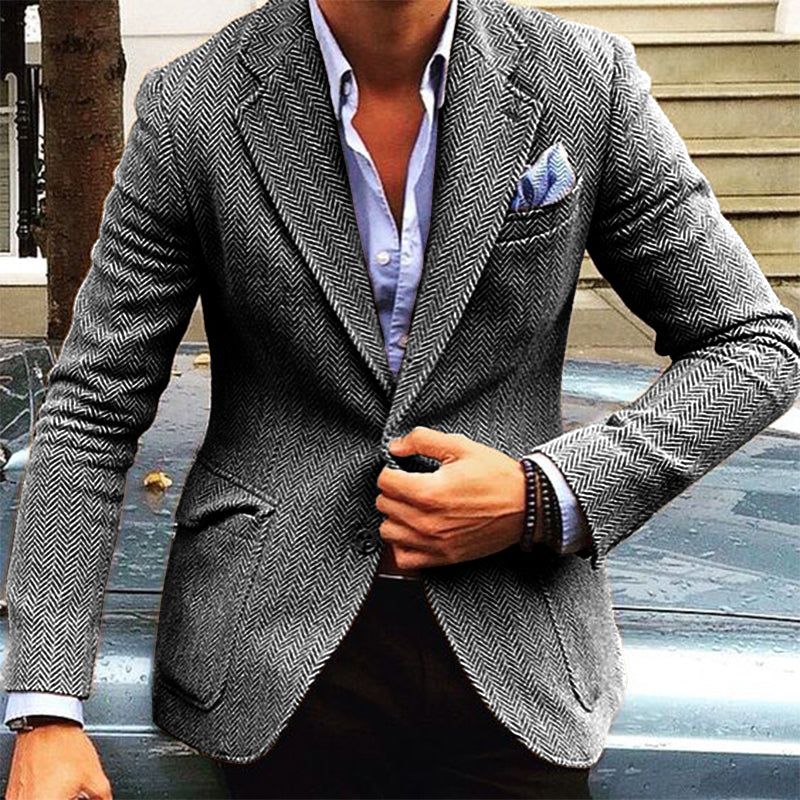 Blazer da Uomo Vintage in Mistura di Lana a Spina di Pesce con Revers e Unico Petto