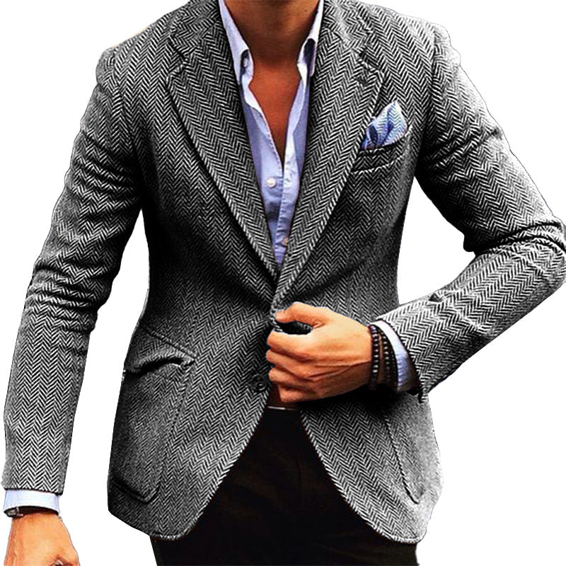 Blazer da Uomo Vintage in Mistura di Lana a Spina di Pesce con Revers e Unico Petto