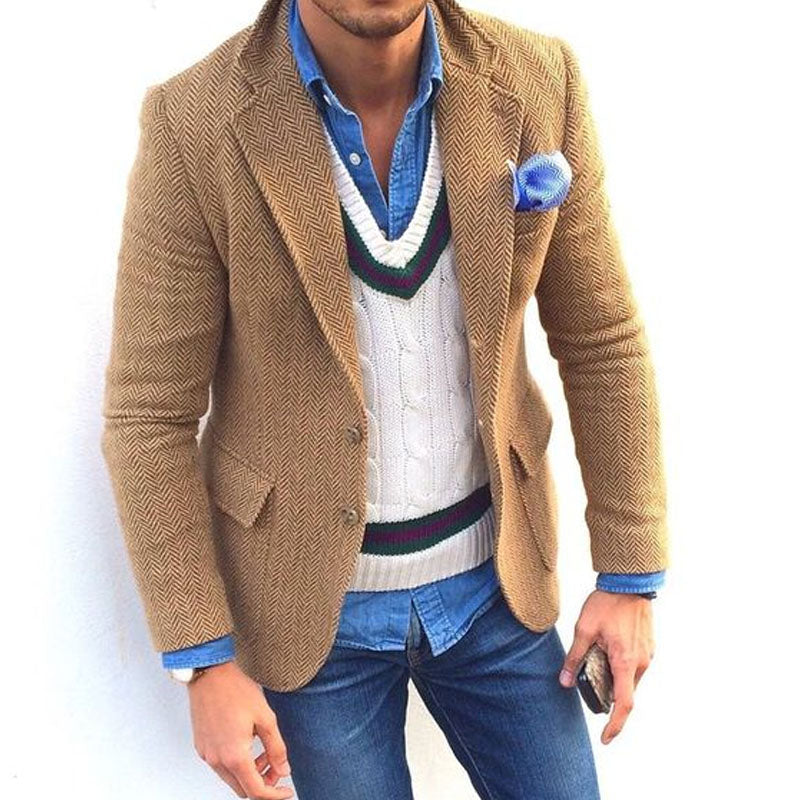 Blazer da Uomo Vintage in Mistura di Lana a Spina di Pesce con Revers e Unico Petto