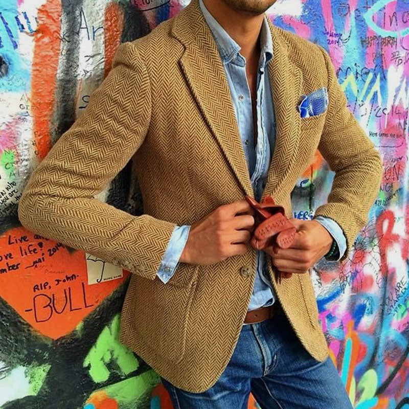 Blazer da Uomo Vintage in Mistura di Lana a Spina di Pesce con Revers e Unico Petto