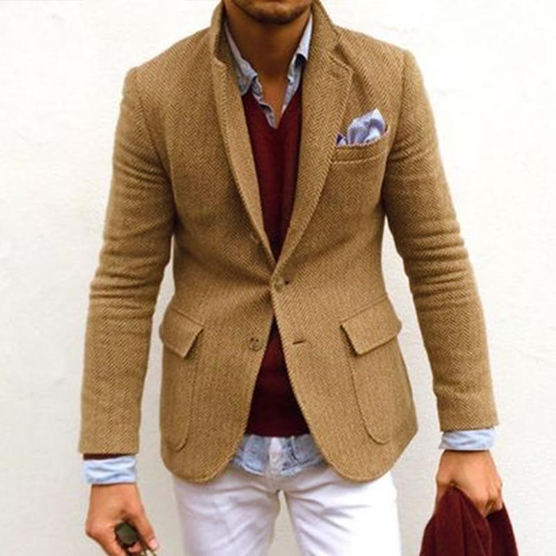 Blazer da Uomo Vintage in Mistura di Lana a Spina di Pesce con Revers e Unico Petto