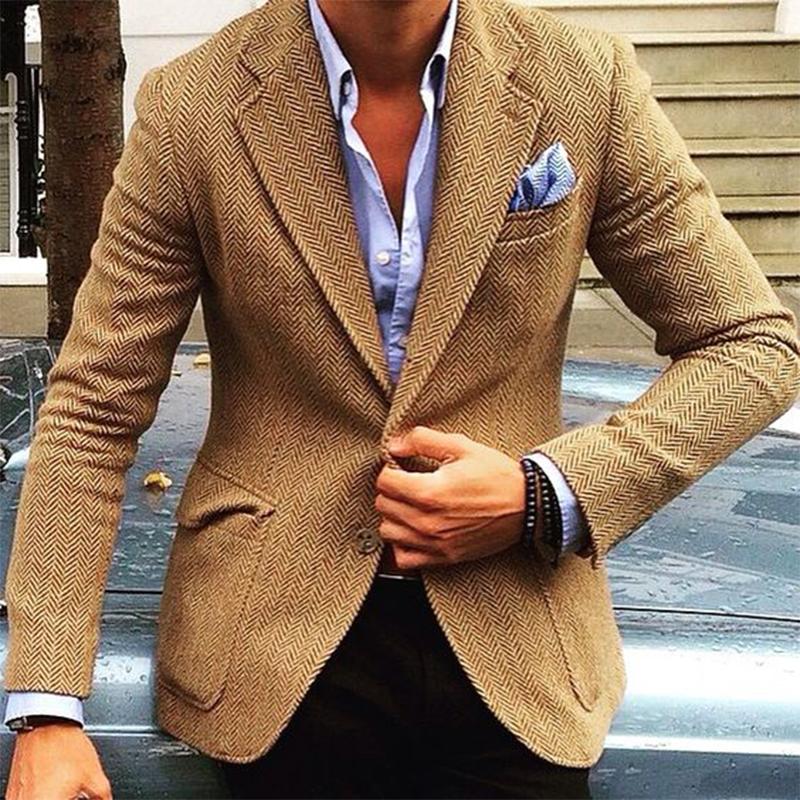 Blazer da Uomo Vintage in Mistura di Lana a Spina di Pesce con Revers e Unico Petto