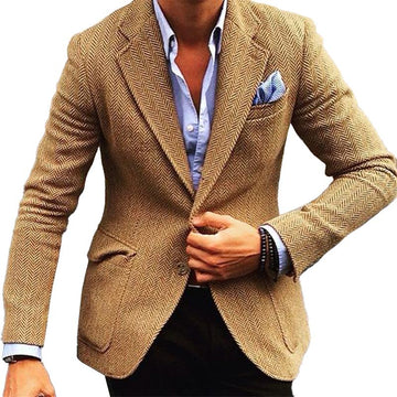 Blazer da Uomo Vintage in Mistura di Lana a Spina di Pesce con Revers e Unico Petto