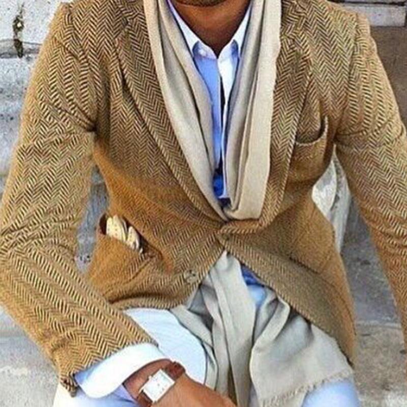 Blazer da Uomo Vintage in Mistura di Lana a Spina di Pesce con Revers e Unico Petto